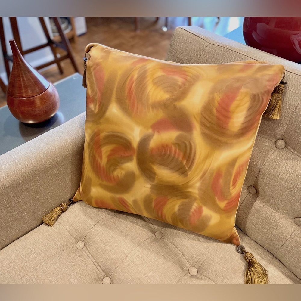20” Hand Painted Silk Pillow w Velvet Back/ Tassel Corners - Cover Only- As Is